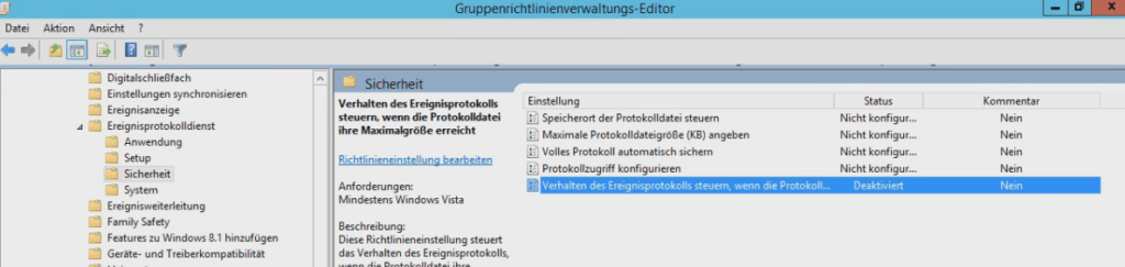 Ausschnitt Gruppenrichtlinie für Sicherheitsprotokoll überschreiben